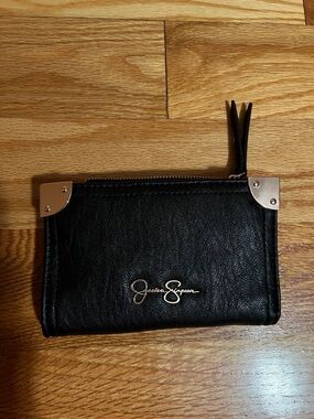 Jessica Simpson Black Leather Zip Card Wallet with Gold Accents